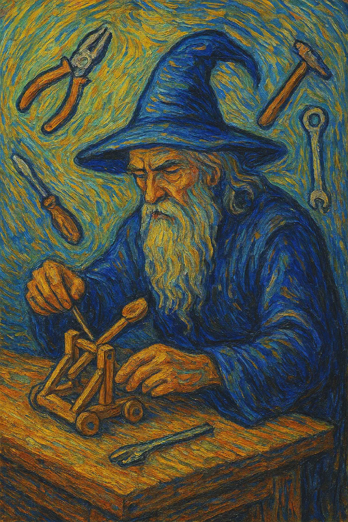 A wizard is sitting at a workbench creating a toy catapult. His toys float around him.