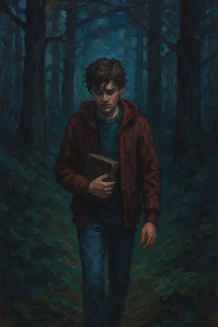 A boy walking through a forest.