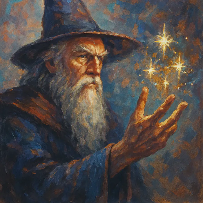 A wizard holds out his hand in a gesture conjuring magic.