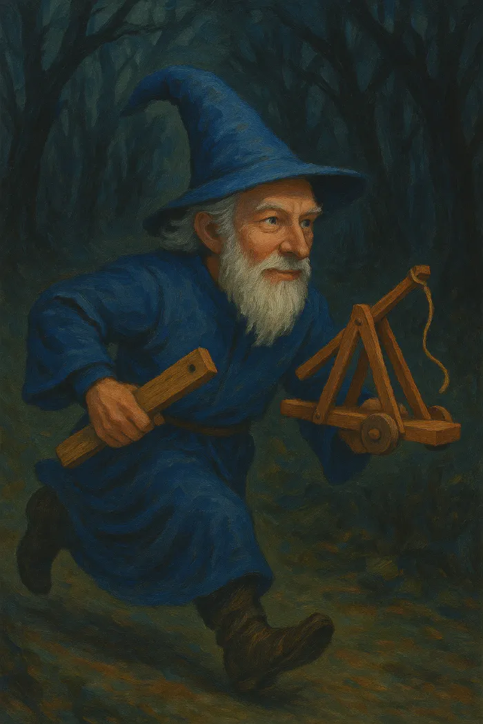 A wizard running through a forest assembling a toy trebuchet.