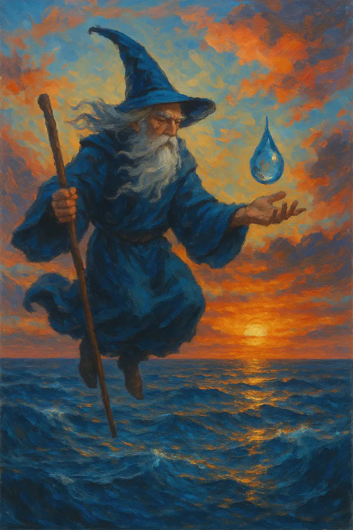 A wizard conjuring a droplet to lower in an ocean.